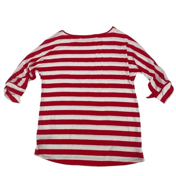 Soft Surroundings Size M Red White Stripe Blouse Tie Accent Sleeve Viscose 2AG33 - Picture 3 of 11